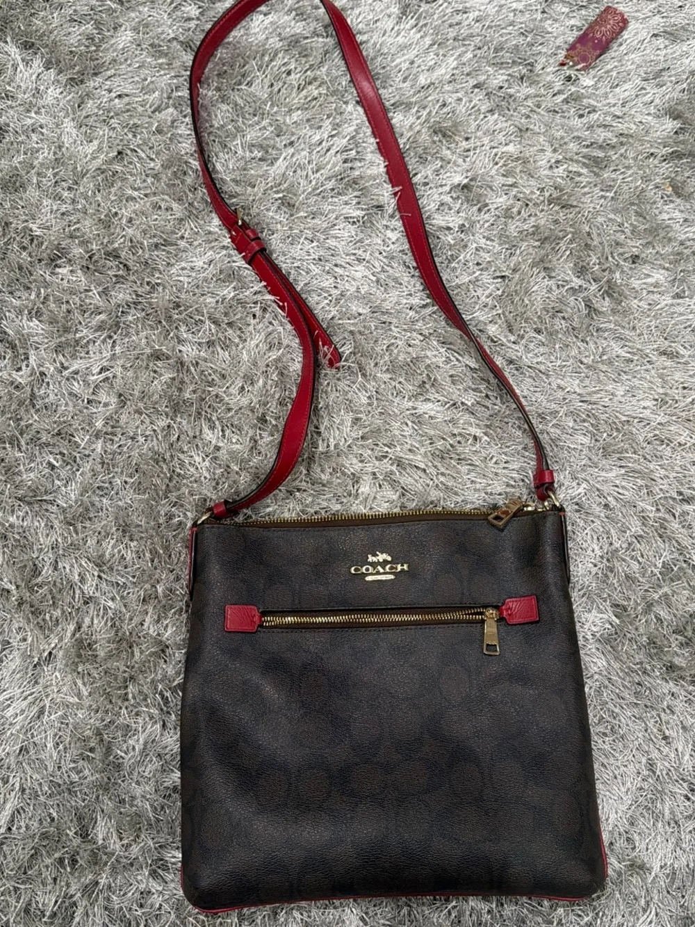 Coach Brown Signature Crossbody with Red Trim and Gold Hardware